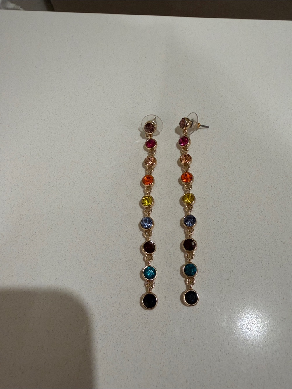 Amber Sceats Rainbow Crystal Long Drop Earrings Gold Multicolor